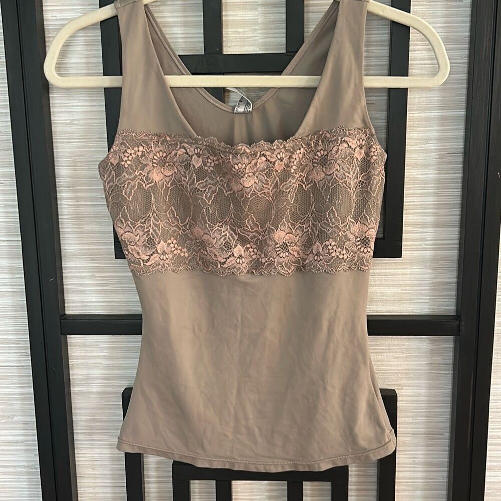 Maidenform Flexees taupe pink lace stretch tank top shape wear M